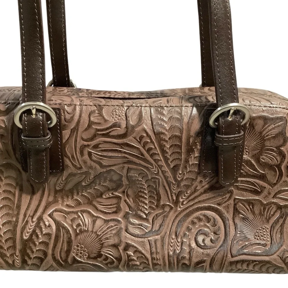 Valerie Stevens Vtg Genuine Leather Tooling Around Brown Embossed Handbag Rare - Picture 6 of 12